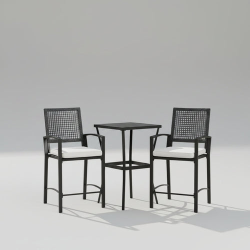 A 3-piece outdoor rattan wicker bar set featuring a high-top table and two cushioned tall armchairs arranged by a poolside deck.