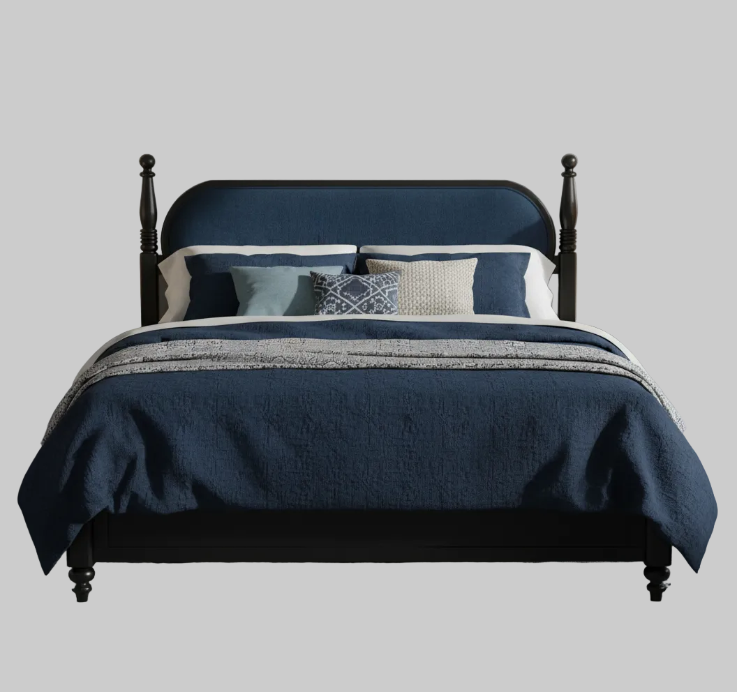 Modern king-size solid wood platform bed frame with a minimalist navy blue and black finish setup in a well-lit contemporary bedroom.